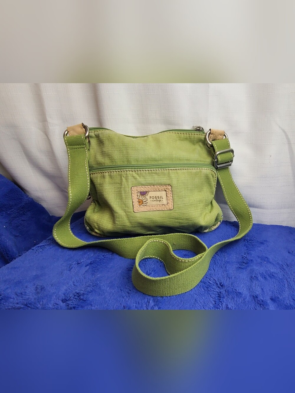 Fossil Long Live Vintage Sage Green Canvas Bag Patchwork Multi Lining, Y2K Retro
